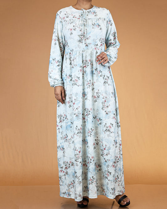 Pastel Blue Floral Lace Abaya Maxi Dress