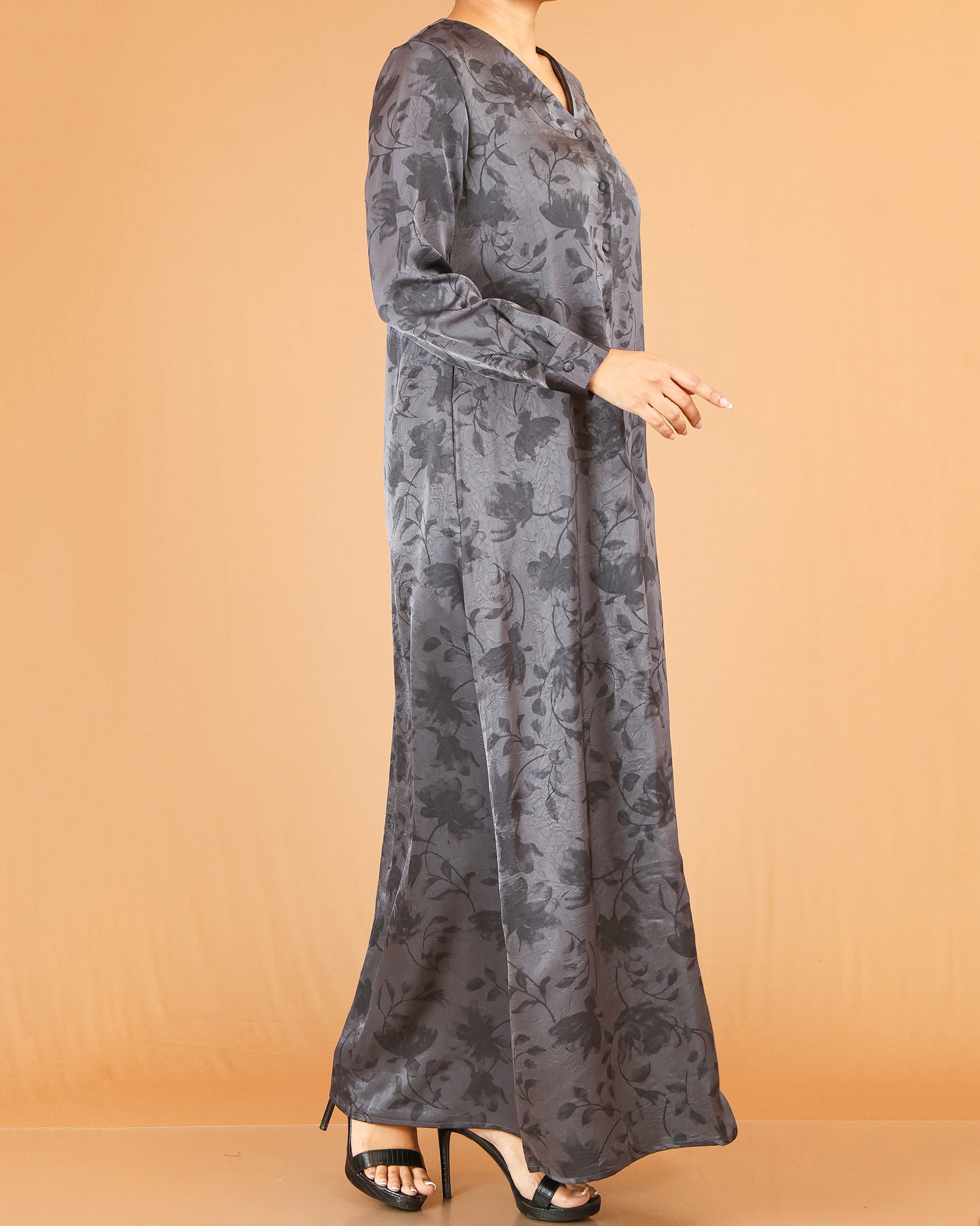 Charcoal Floral Print Abaya Maxi with V-Neckline