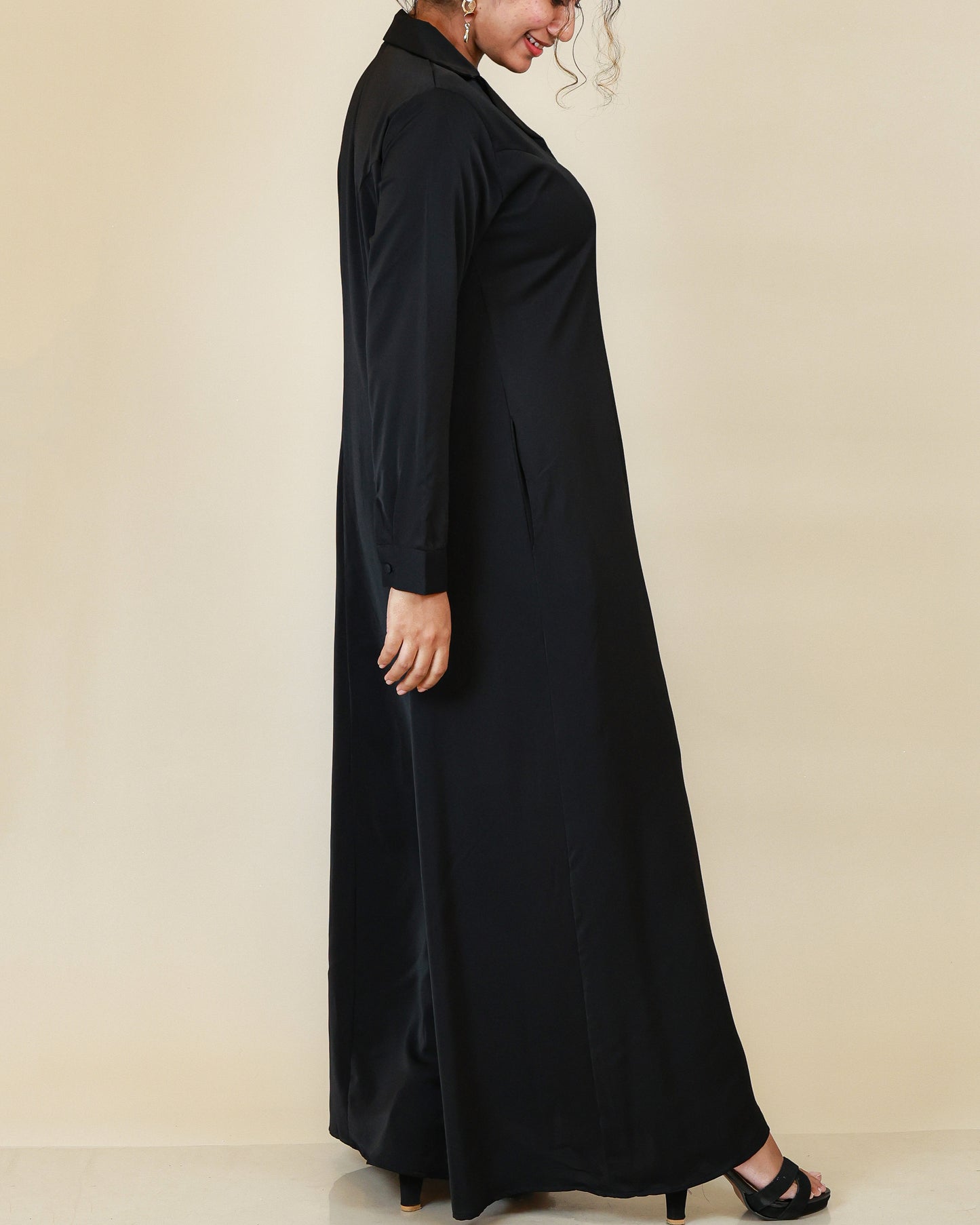 Elara Button Front Abaya in Classic Black