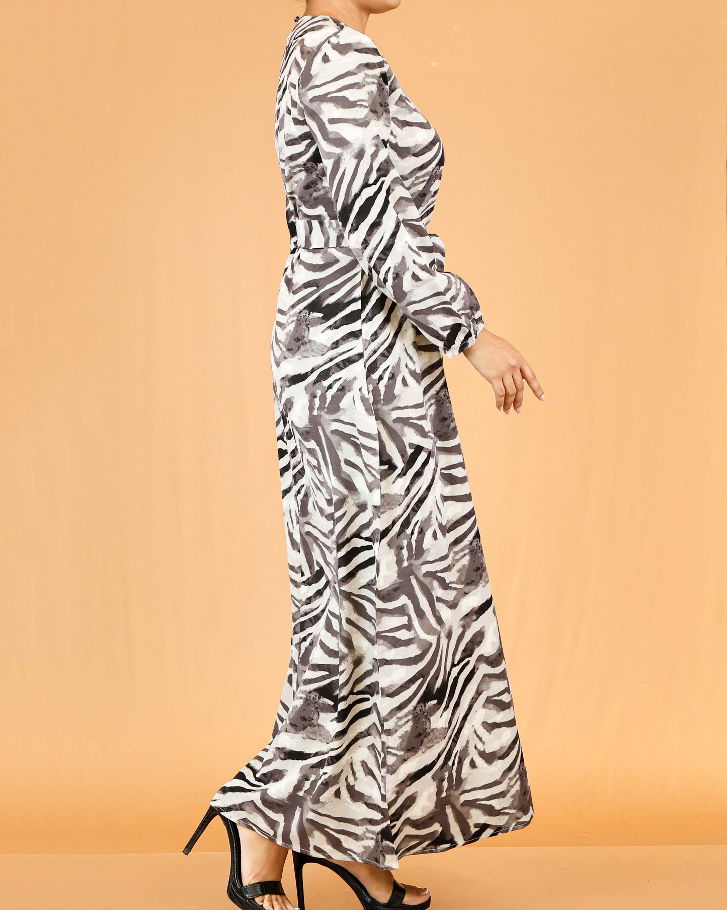 Waist Tie Belt Long Sleeve Zebra Print Maxi Dress