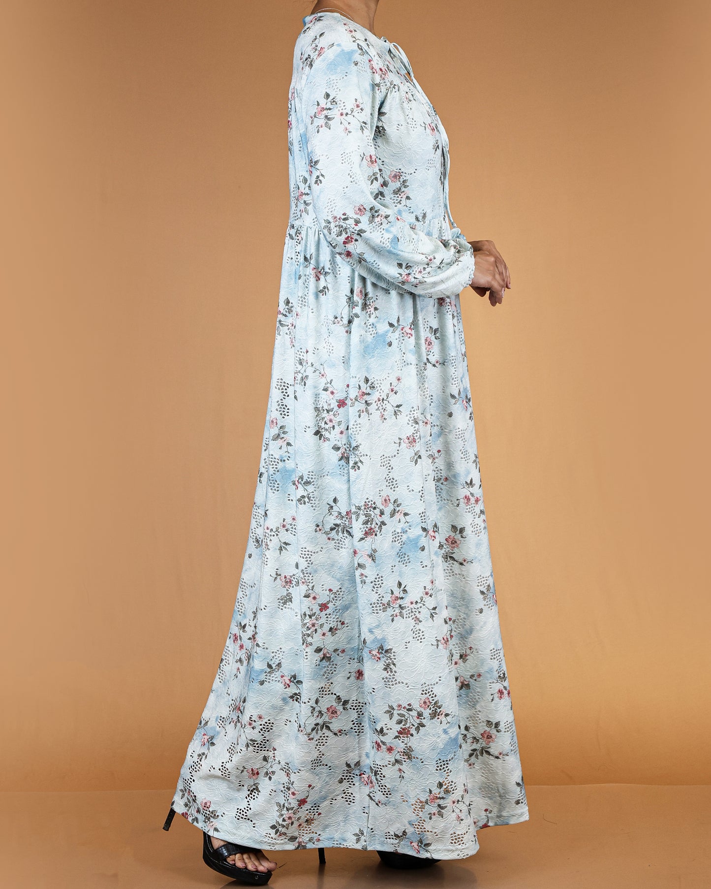 Pastel Blue Floral Lace Abaya Maxi Dress