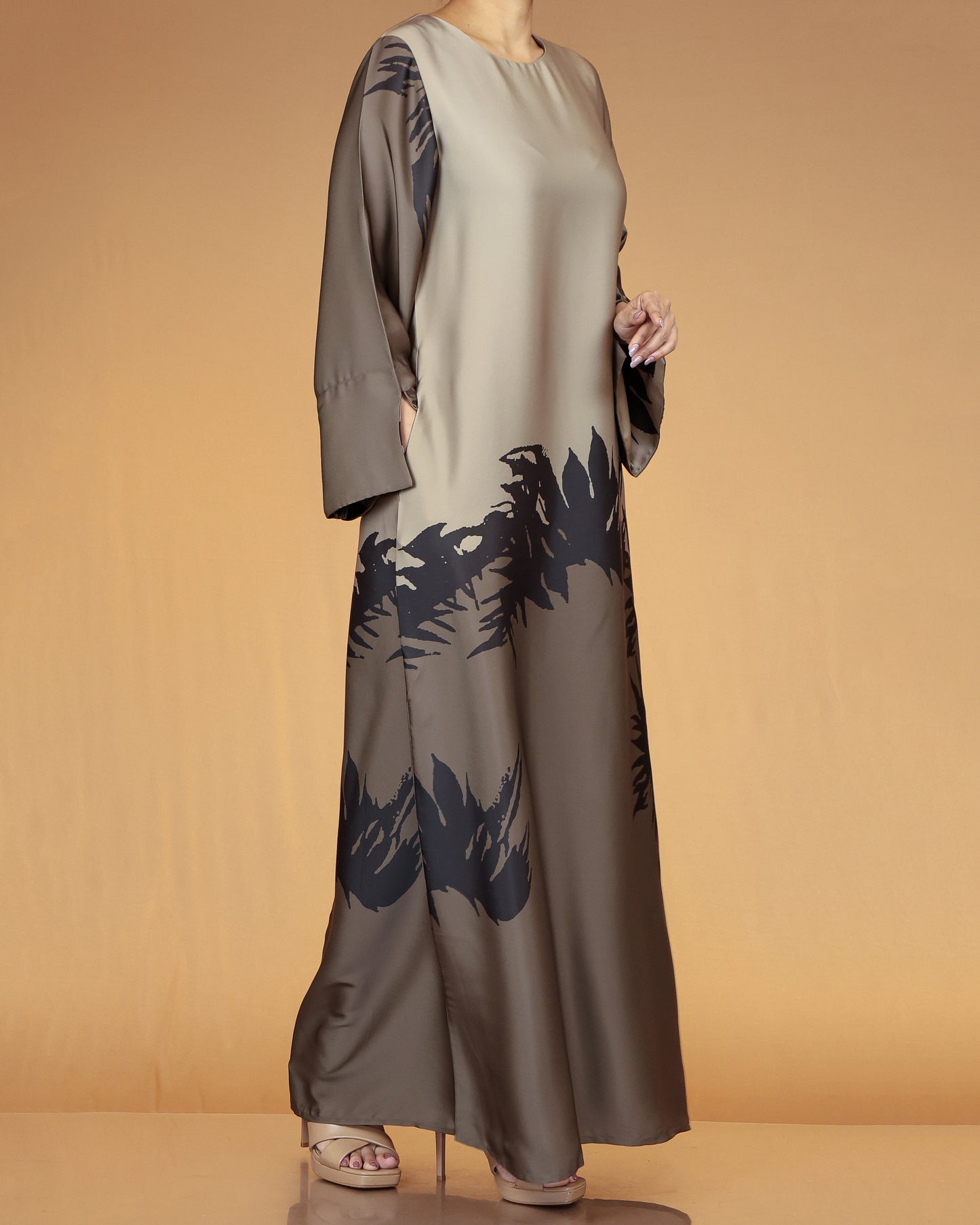 Taupe & Charcoal Abstract Print Long Maxi Dress