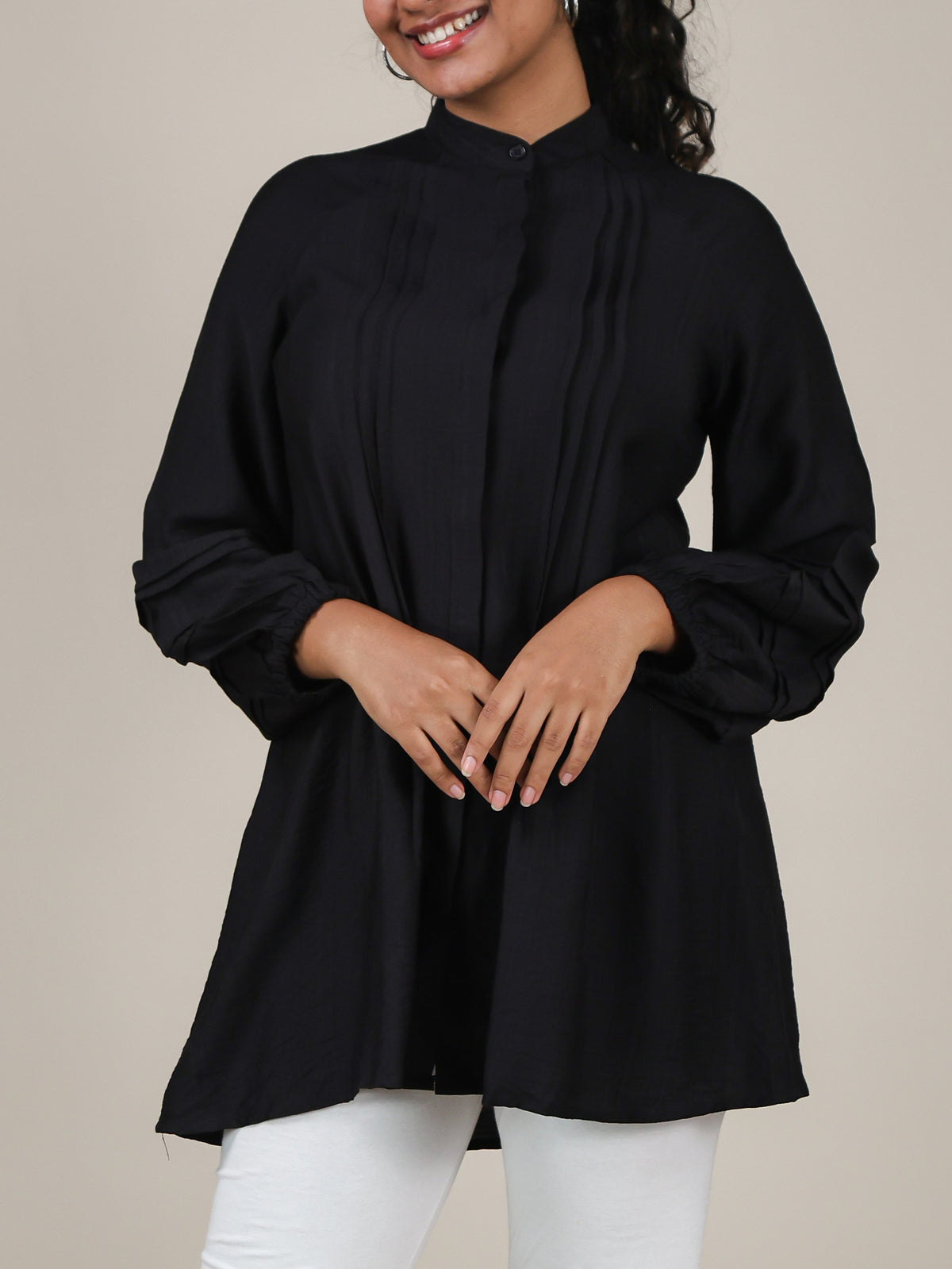 Aveline Black Pleated Mandarin Top