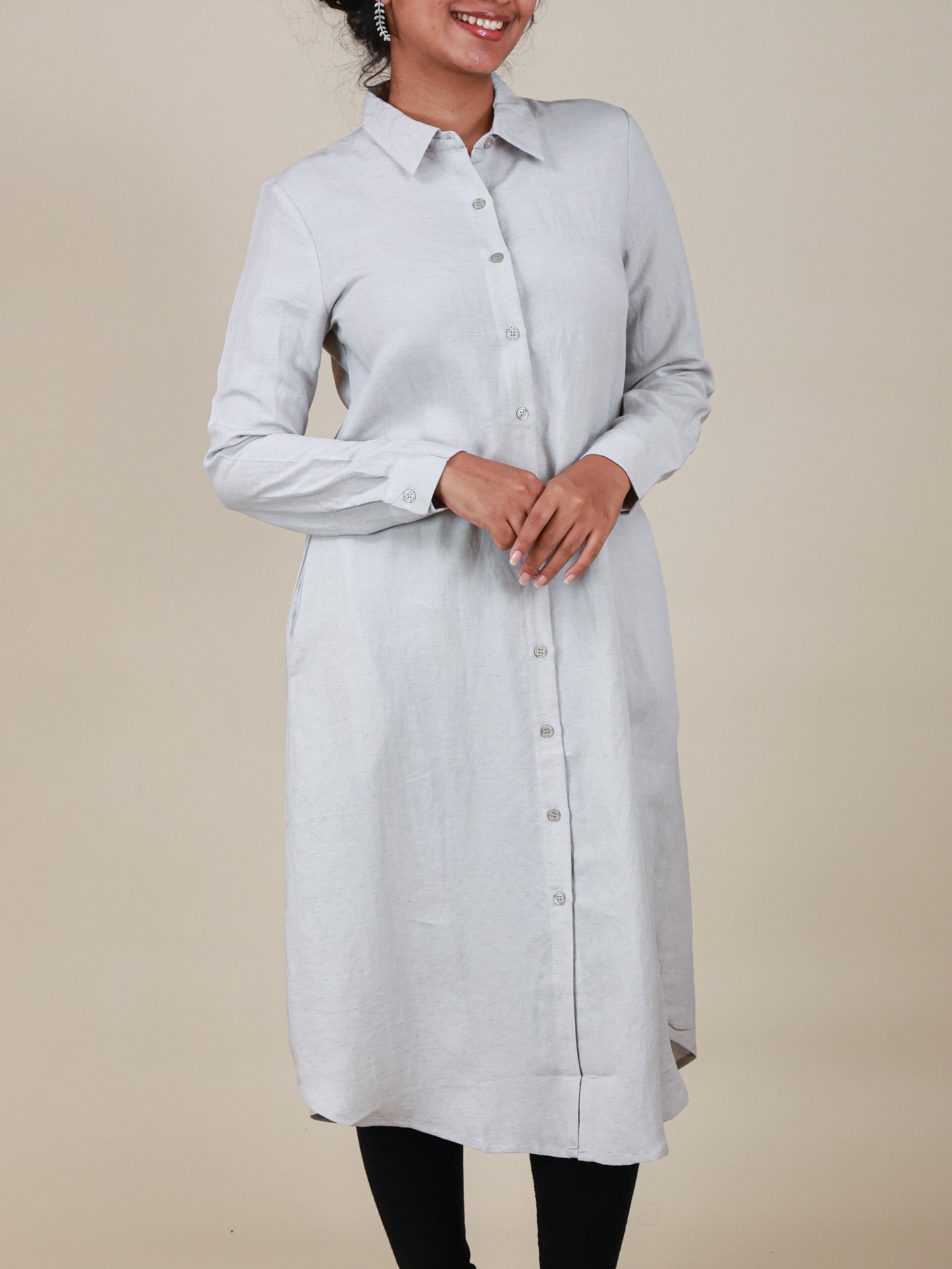Arlette Button Front Shirt Dress in Pearl Grey