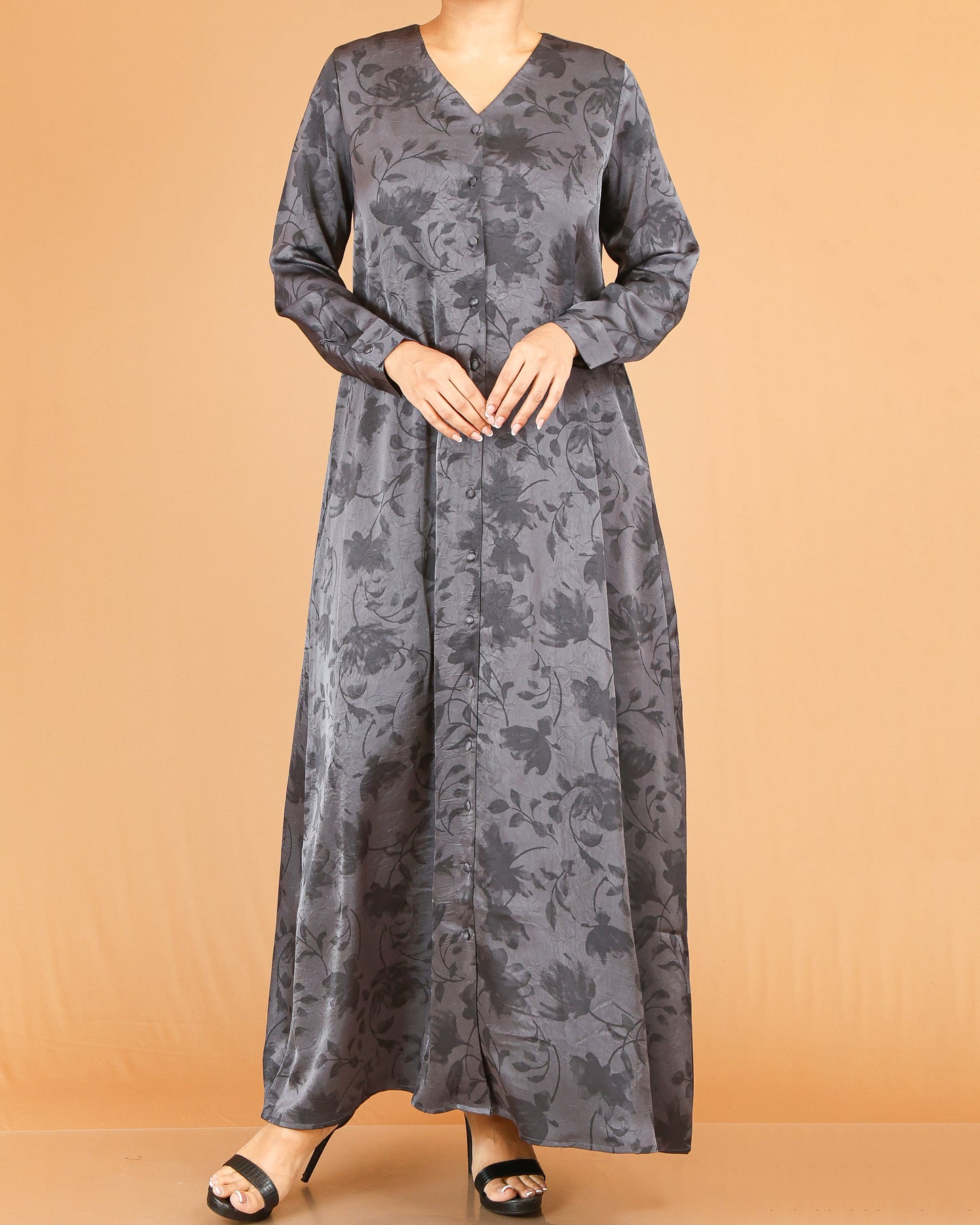 Charcoal Floral Print Abaya Maxi with V-Neckline