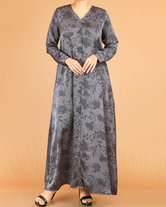 Charcoal Floral Print Abaya Maxi with V-Neckline