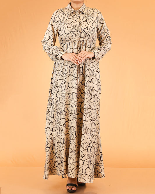 Beige Floral Line Print Abaya Maxi Dress