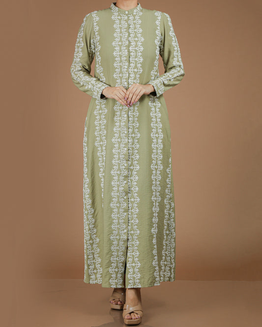 Printed Linen-Cotton Maxi Dress with Long Sleeves