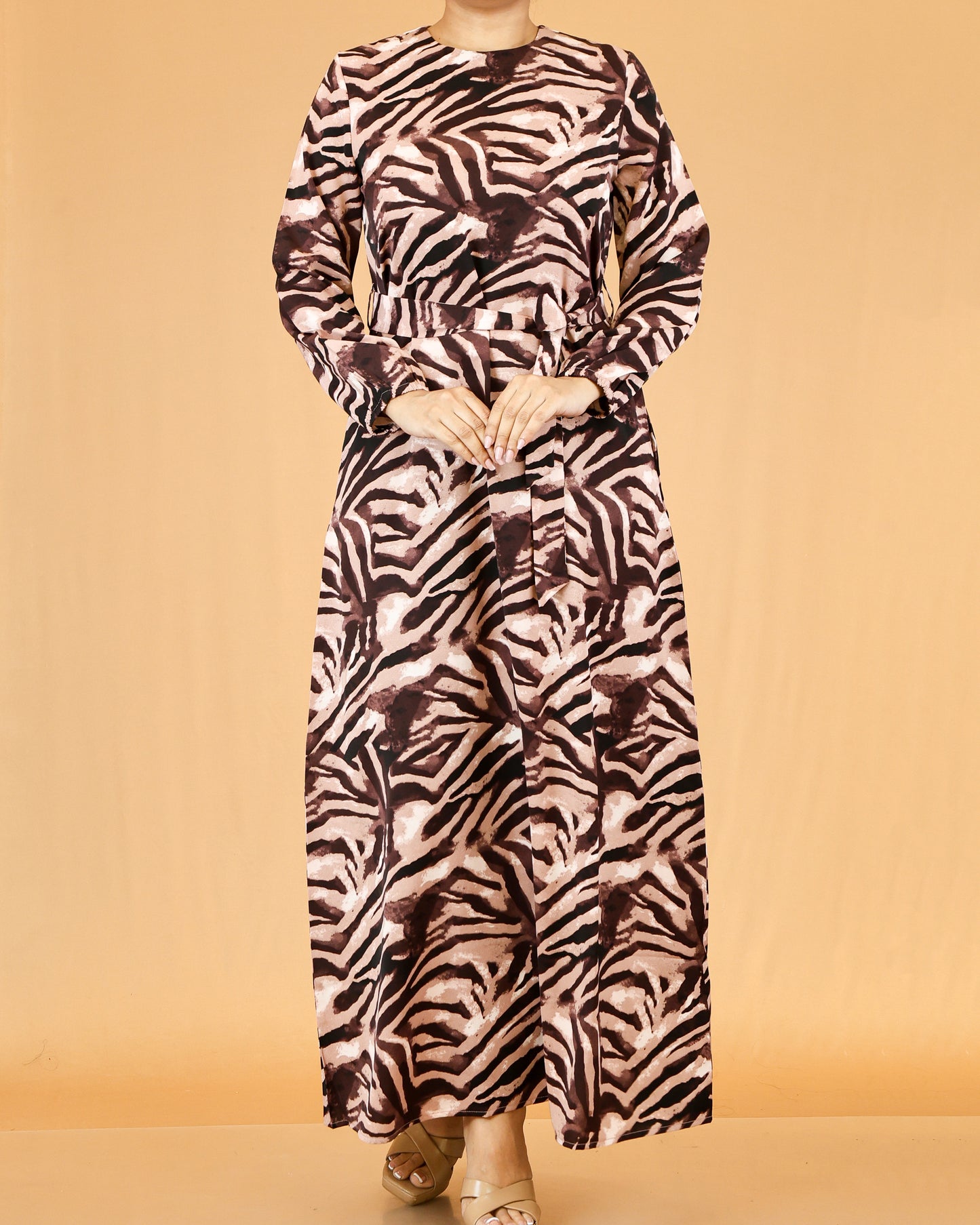 Waist Tie Belt Long Sleeve Brown Zebra Print Maxi Dress