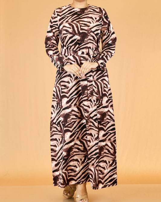 Waist Tie Belt Long Sleeve Brown Zebra Print Maxi Dress