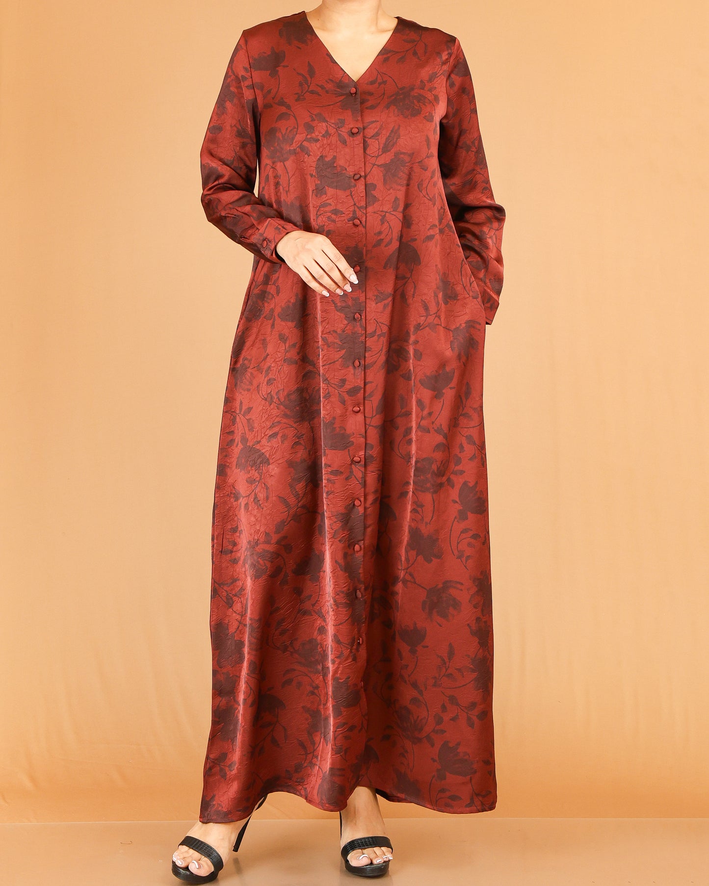 Rust Floral Print Abaya Maxi with V-Neckline