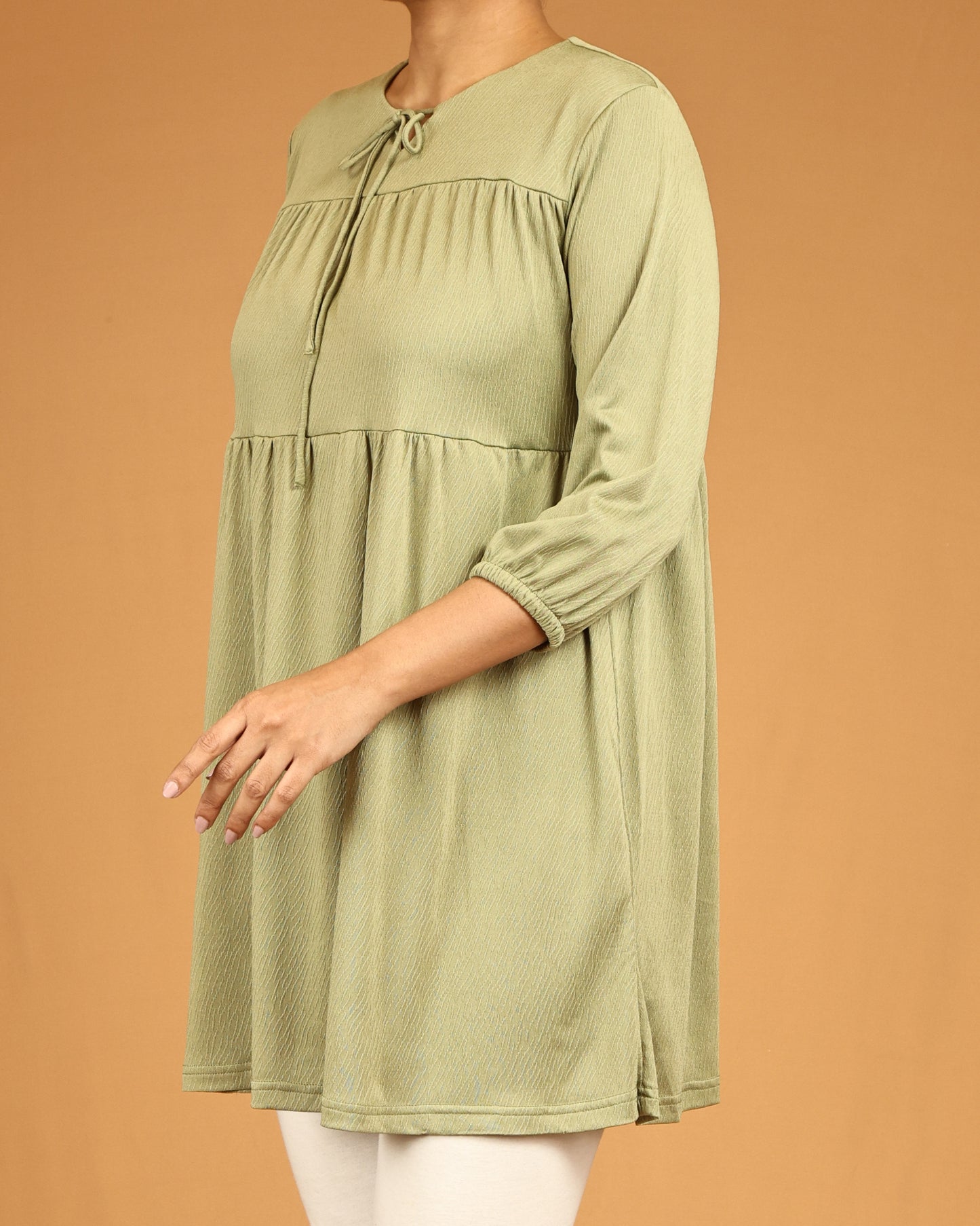 Olive Mist Textured Midi with Tie-Neck Detail