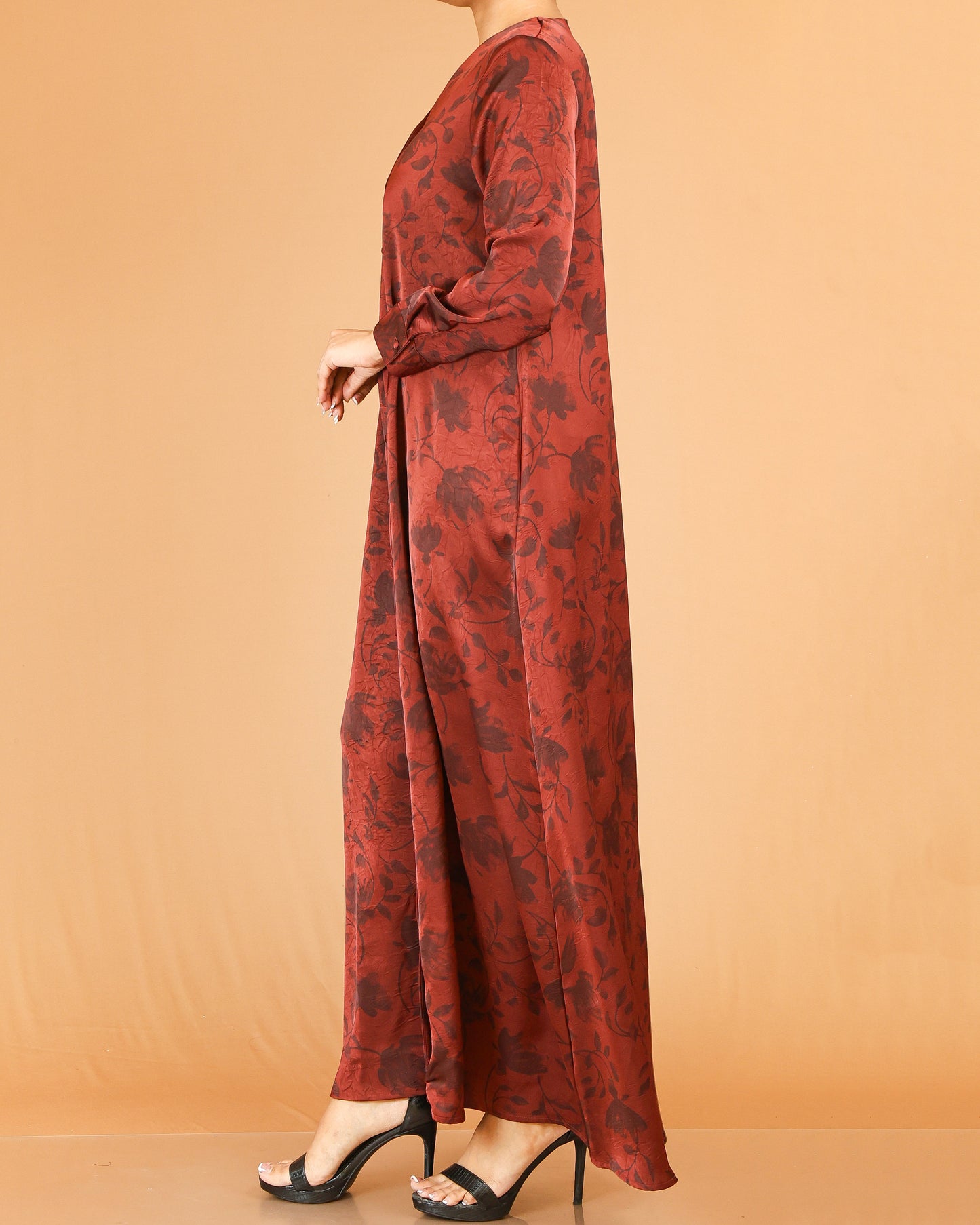 Rust Floral Print Abaya Maxi with V-Neckline