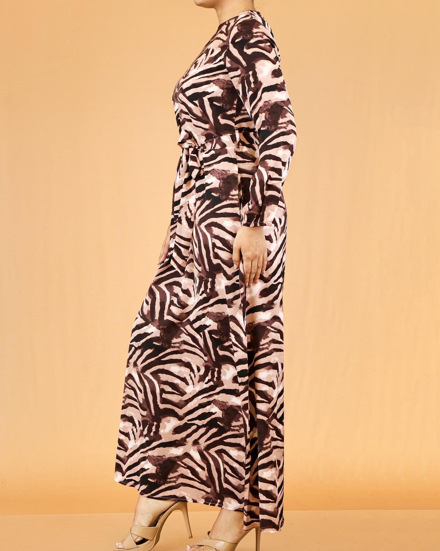 Waist Tie Belt Long Sleeve Brown Zebra Print Maxi Dress