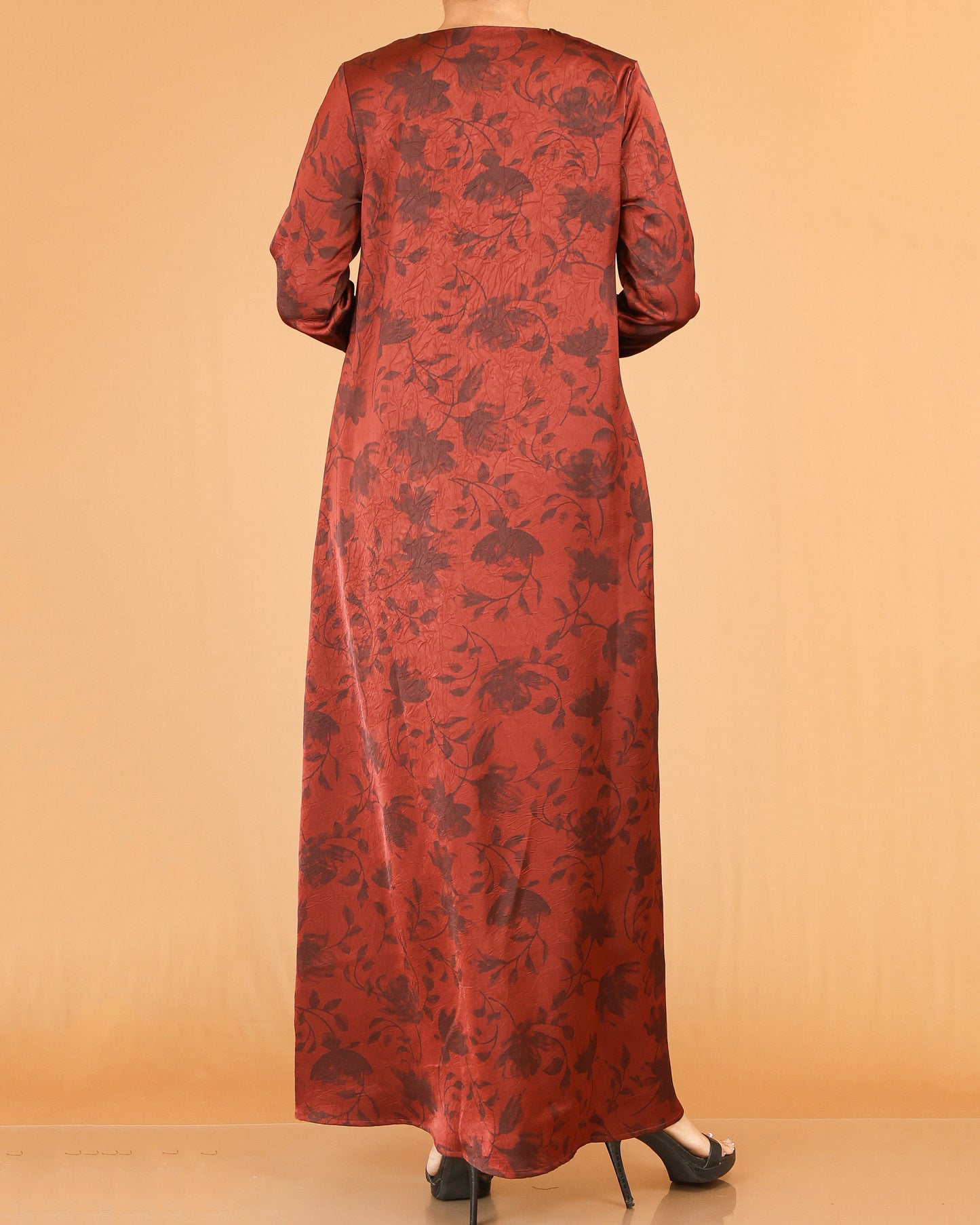 Rust Floral Print Abaya Maxi with V-Neckline