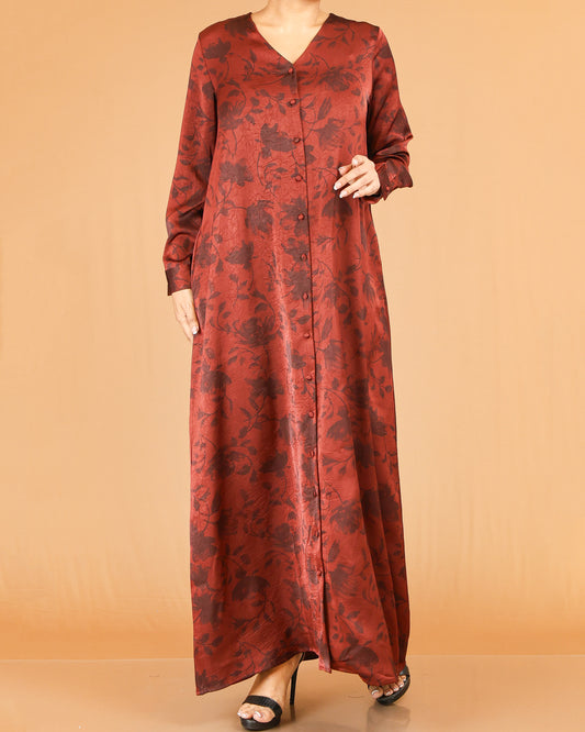 Rust Floral Print Abaya Maxi with V-Neckline