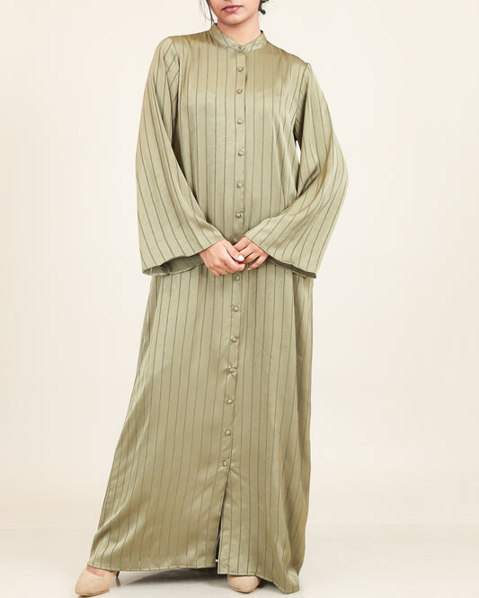 Olive Satin Stripe Abaya Maxi
