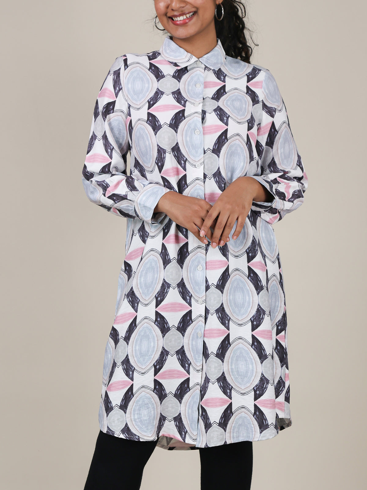 Aria Ice Blue Geo Print Shirt Dress