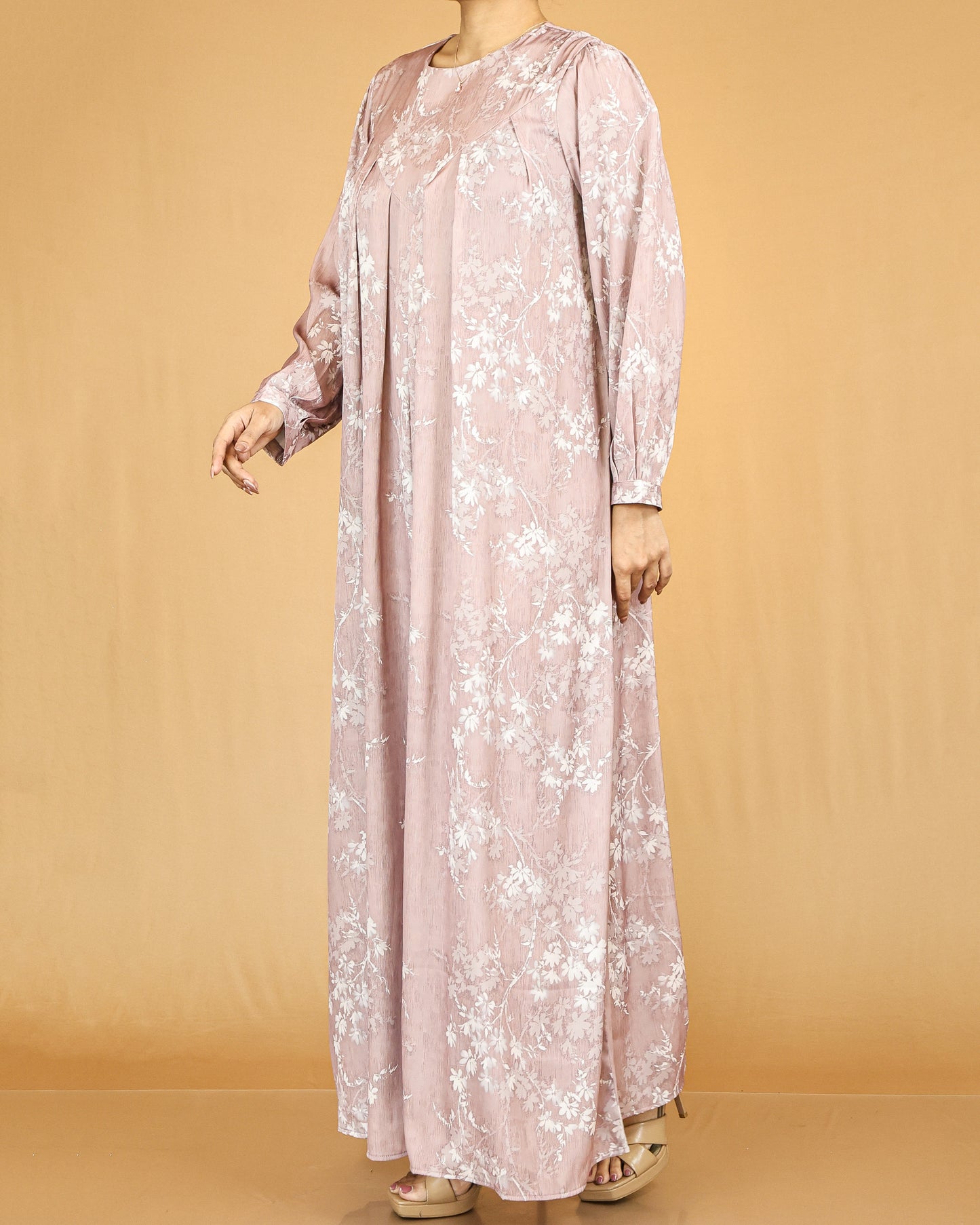Blush Floral Pleated Modest Abaya