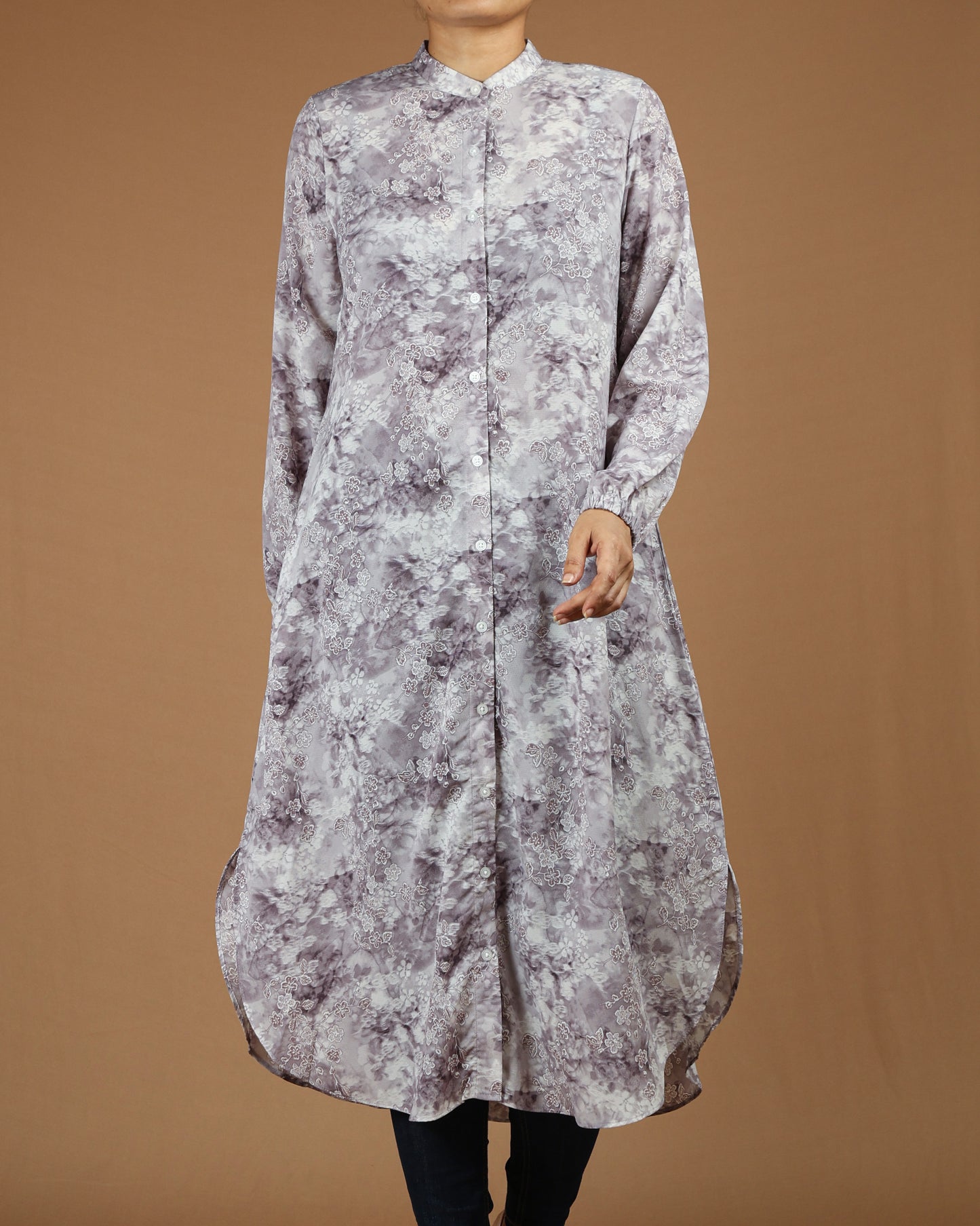 Flowy Long Shirt Tunic - Elegant Floral Print