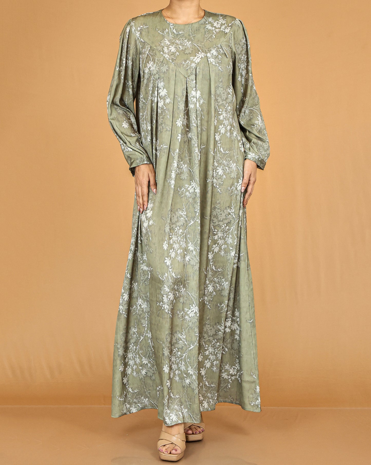 Olive Floral Pleated Modest Abaya