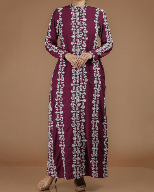 Printed Linen-Cotton Maxi Dress with Long Sleeves