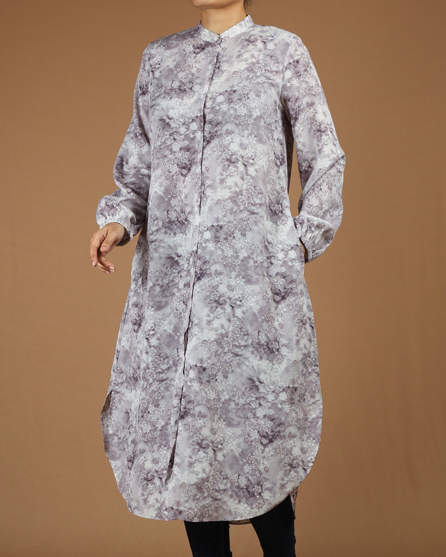 Flowy Long Shirt Tunic - Elegant Floral Print