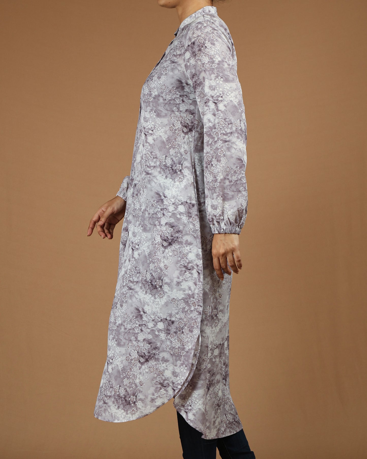 Flowy Long Shirt Tunic - Elegant Floral Print
