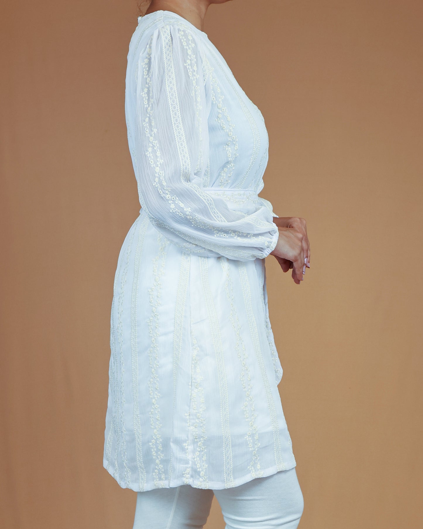 Frosted Pearl Embroidered Midi with Waist Tie Belt