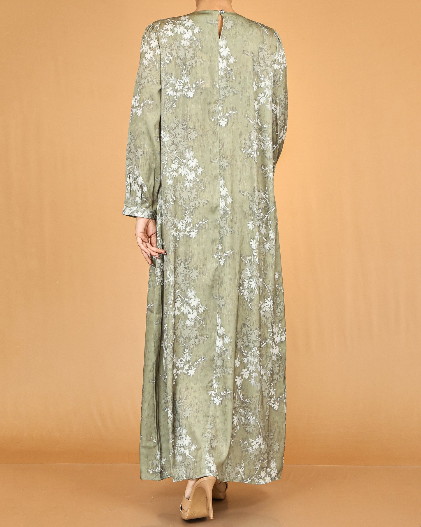 Olive Floral Pleated Modest Abaya