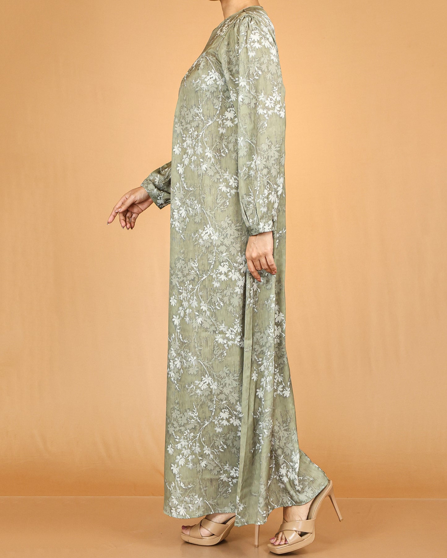 Olive Floral Pleated Modest Abaya