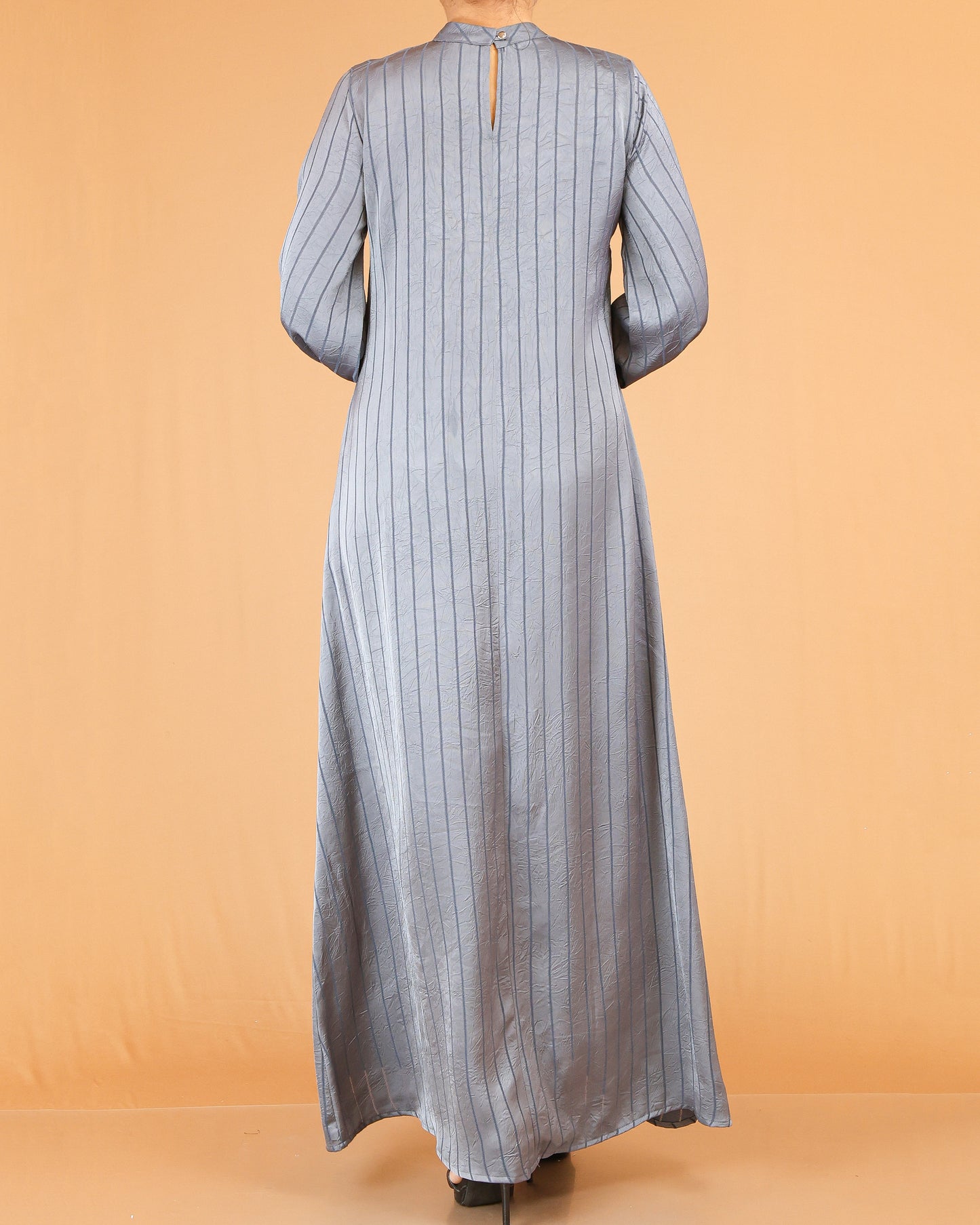 Grey Textured Stripe Abaya with Gathered Sleeves
