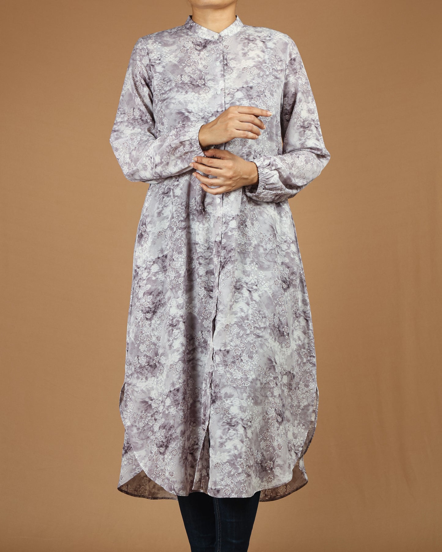 Flowy Long Shirt Tunic - Elegant Floral Print
