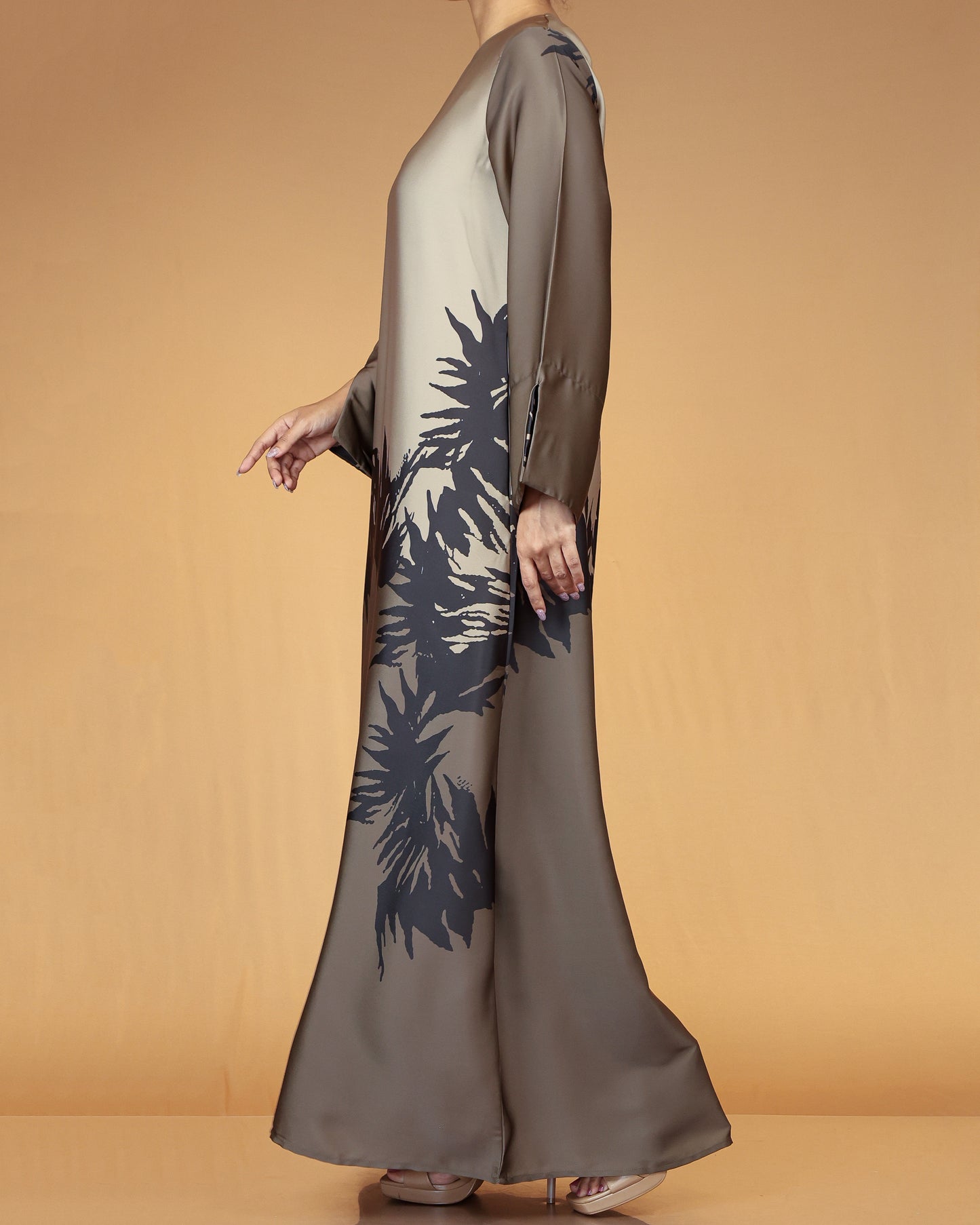 Taupe & Charcoal Abstract Print Long Maxi Dress