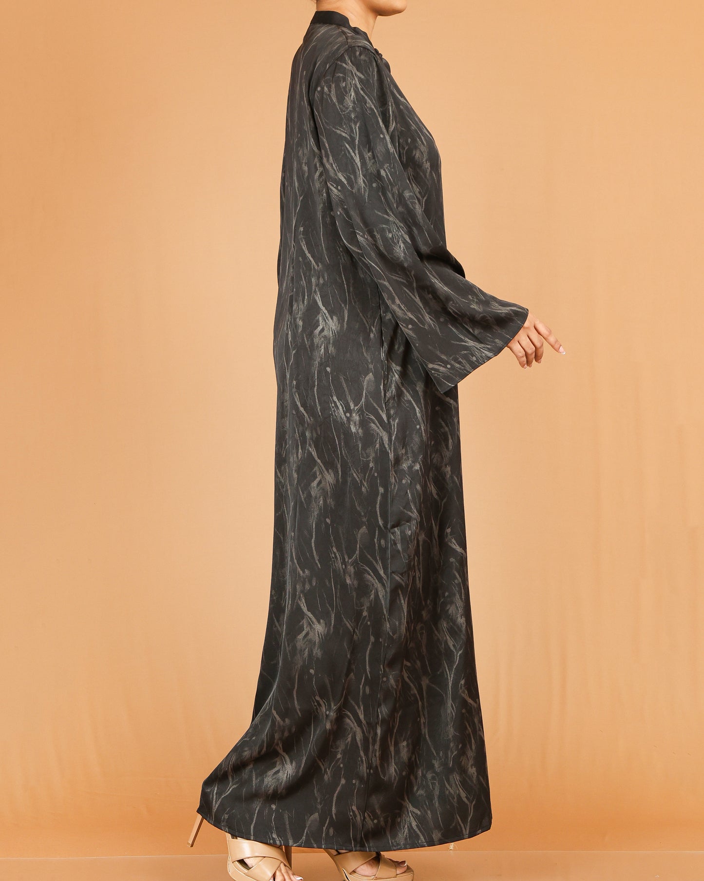 Black Marble Print Abaya Maxi with Front Button Detail