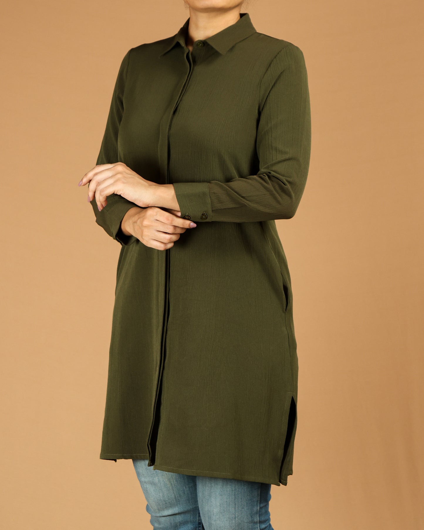 Classic Button-Down Long Shirt with Side Slits