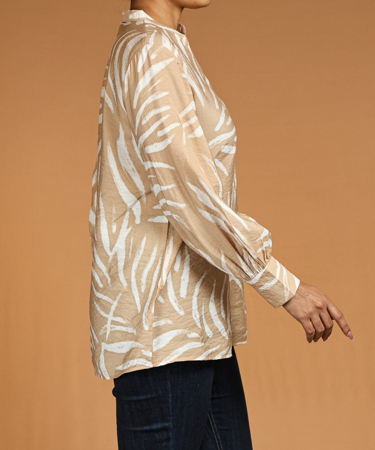 Champagne Beige Textured Print Long Sleeve Top