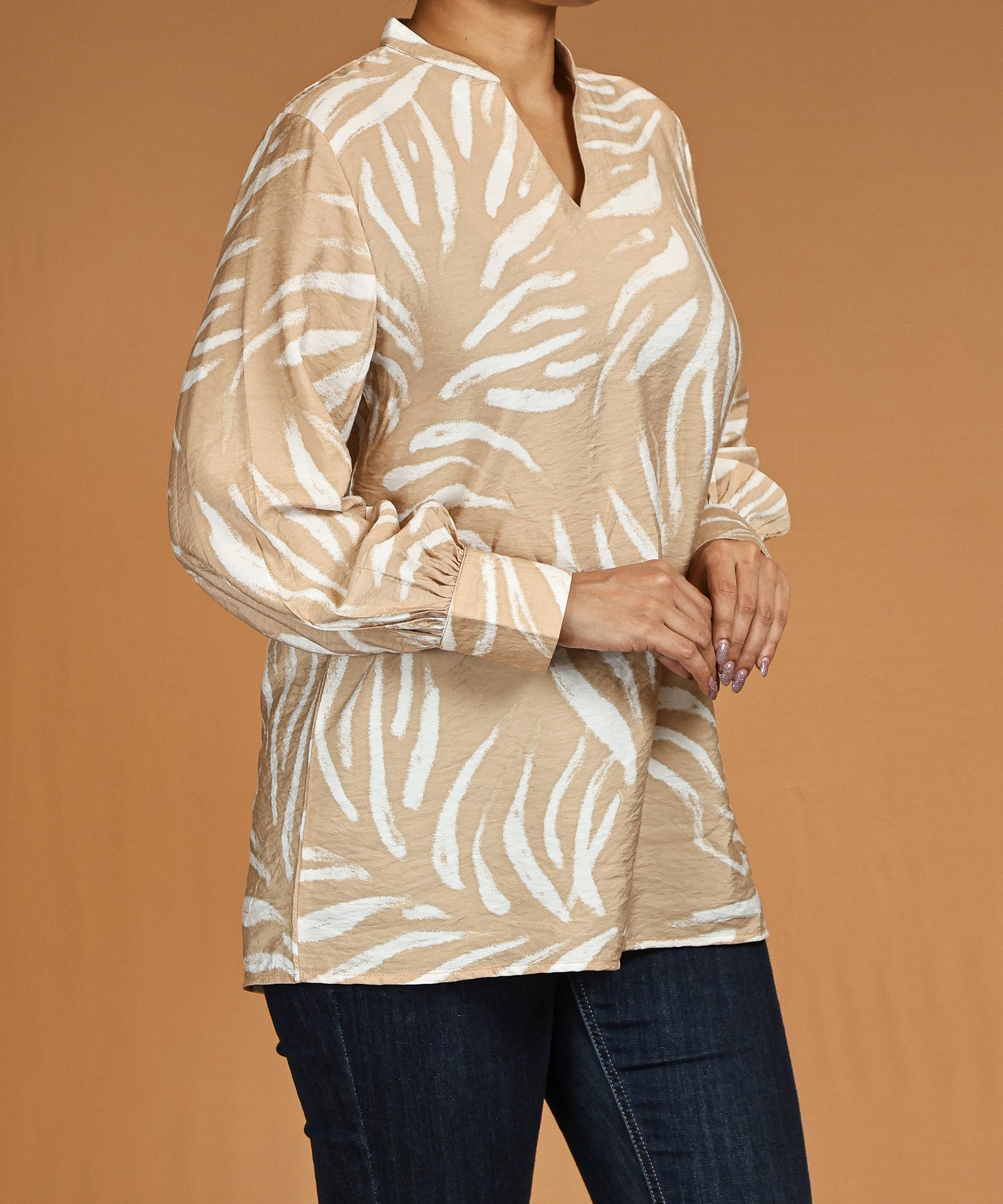 Champagne Beige Textured Print Long Sleeve Top