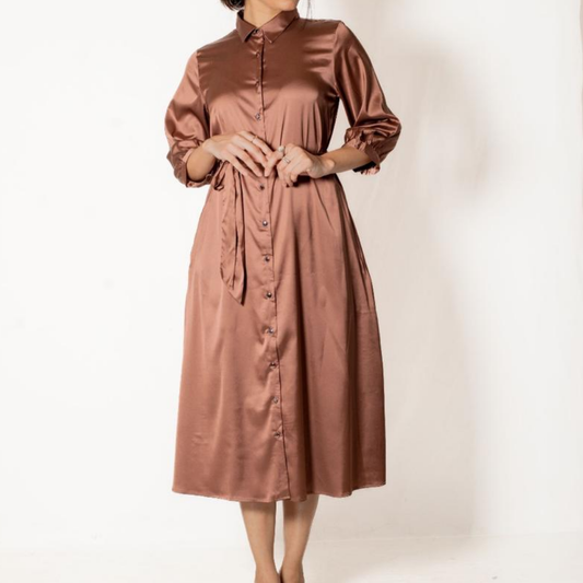 Shiny Buttoned Frock with Tie Collar & Hip Loop – Casual Chic Style