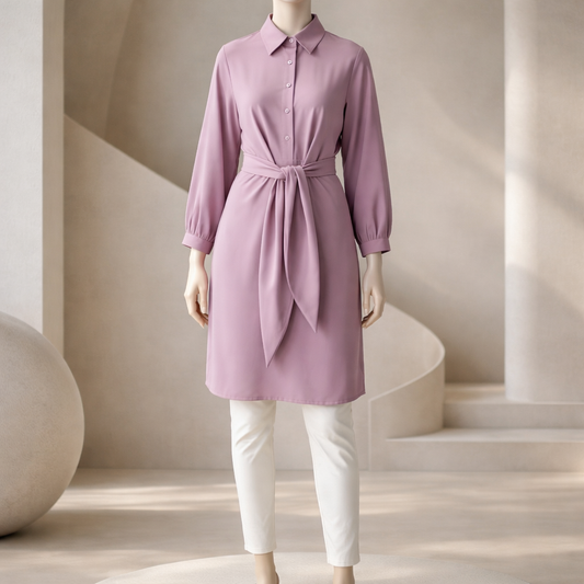 Dusty Rose Tie-Waist Shirt Dress