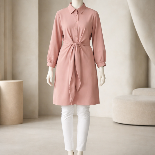 Blush Pink Tie-Waist Shirt Dress