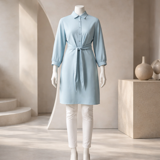 Powder Blue Tie-Waist Shirt Dress