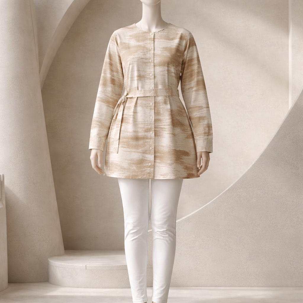 Beige Waterwash Belted Midi Top