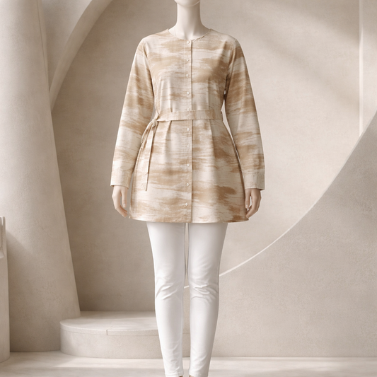 Beige Waterwash Belted Midi Top