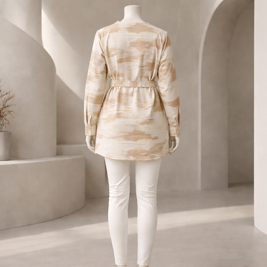 Beige Waterwash Belted Midi Top