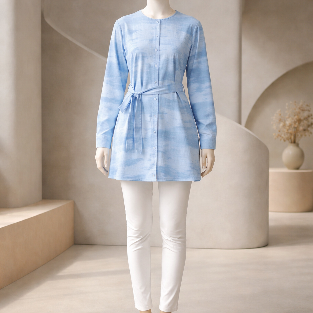 Sky Blue Waterwash Belted Midi Top