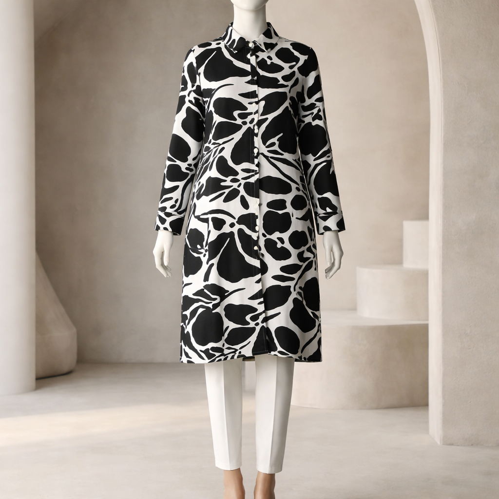 Black Botanical Flow Shirt Dress