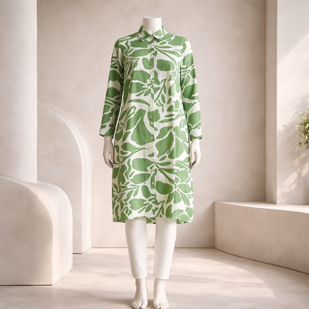 Green Botanical Flow Shirt Dress