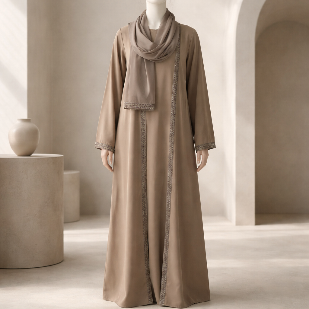 Taupe Embroidered Trim Abaya With Shawl