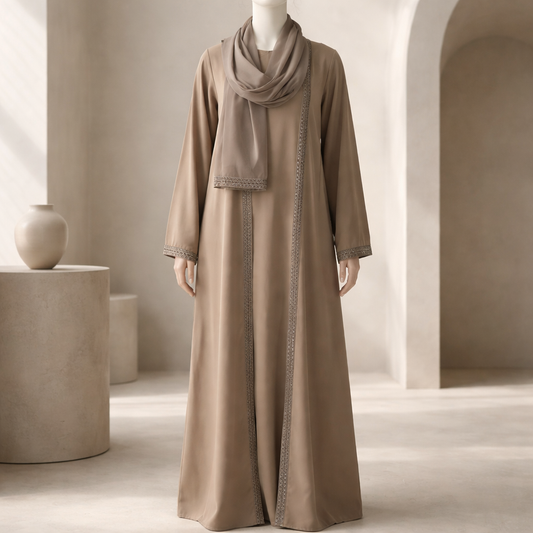 Taupe Embroidered Trim Abaya With Shawl